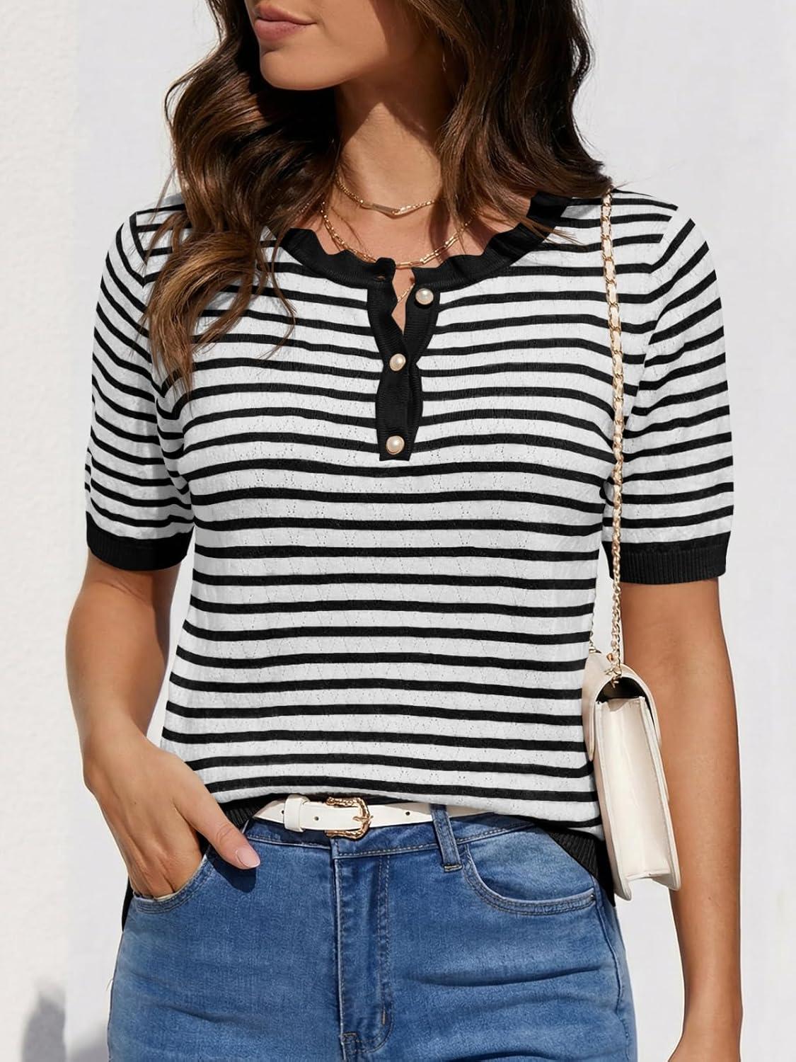 image:imageSaodimallsu Womens Short Sleeve Sweaters Striped Knit Summer Tops Casual Lightweight Pullover Henley Shirts Dressy TopsBlack