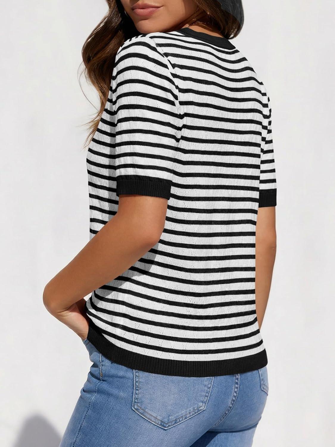 image:imageSaodimallsu Womens Short Sleeve Sweaters Striped Knit Summer Tops Casual Lightweight Pullover Henley Shirts Dressy TopsBlack
