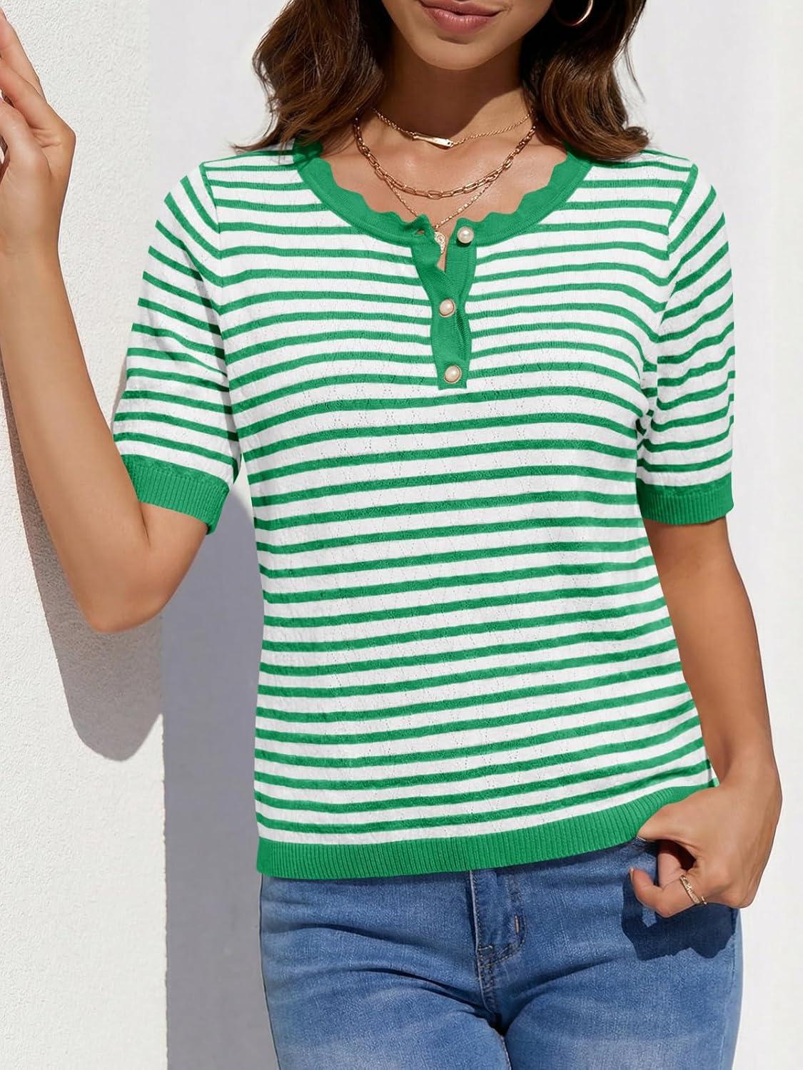 image:imageSaodimallsu Womens Short Sleeve Sweaters Striped Knit Summer Tops Casual Lightweight Pullover Henley Shirts Dressy TopsGreen
