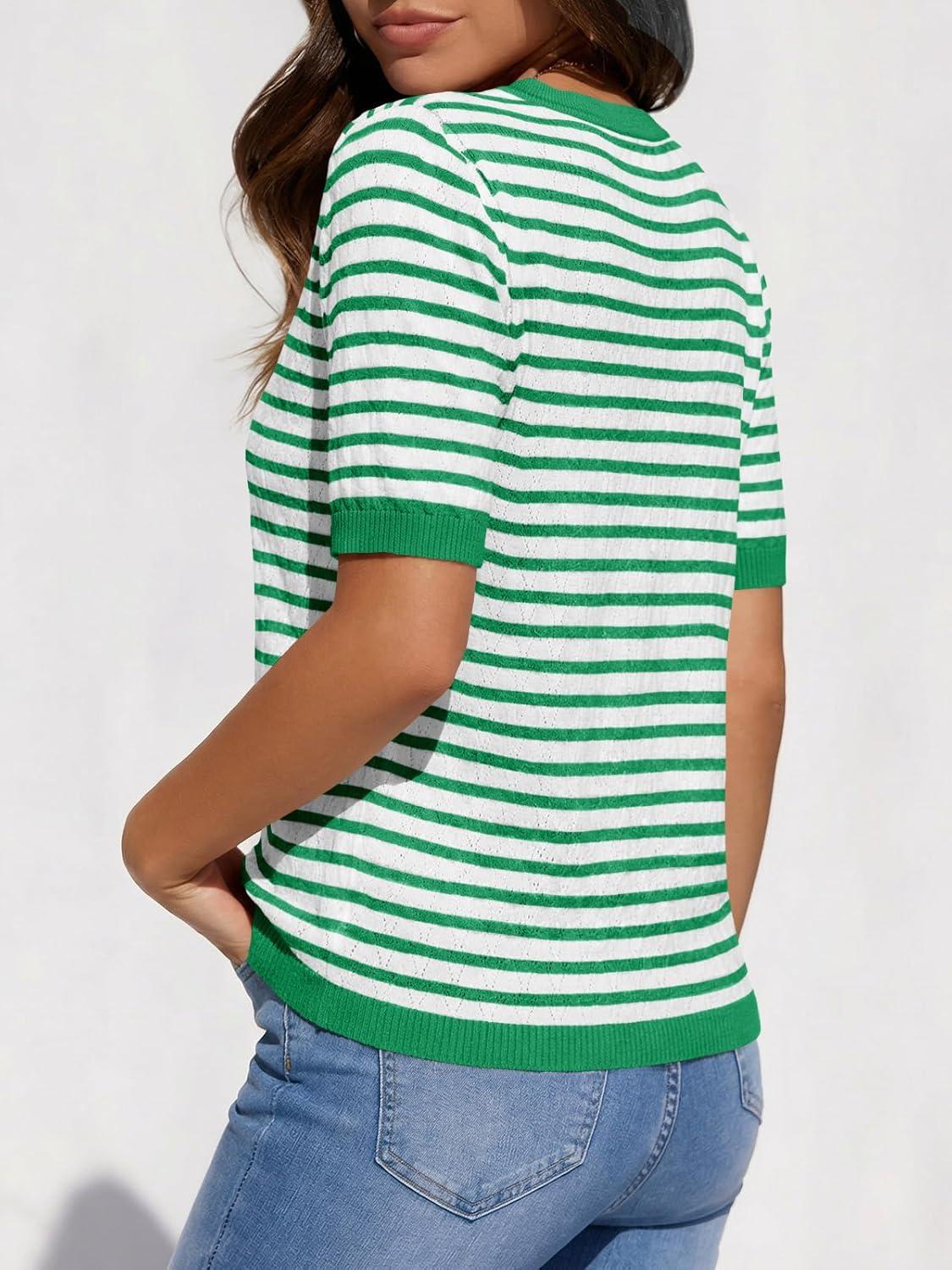 image:imageSaodimallsu Womens Short Sleeve Sweaters Striped Knit Summer Tops Casual Lightweight Pullover Henley Shirts Dressy TopsGreen
