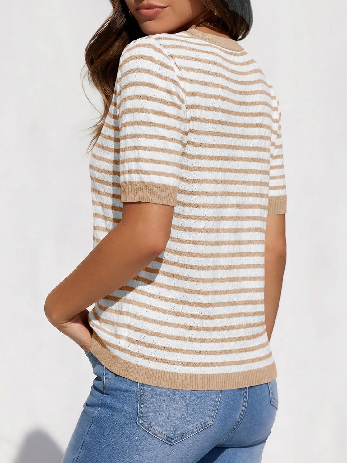 image:imageSaodimallsu Womens Short Sleeve Sweaters Striped Knit Summer Tops Casual Lightweight Pullover Henley Shirts Dressy TopsKhaki