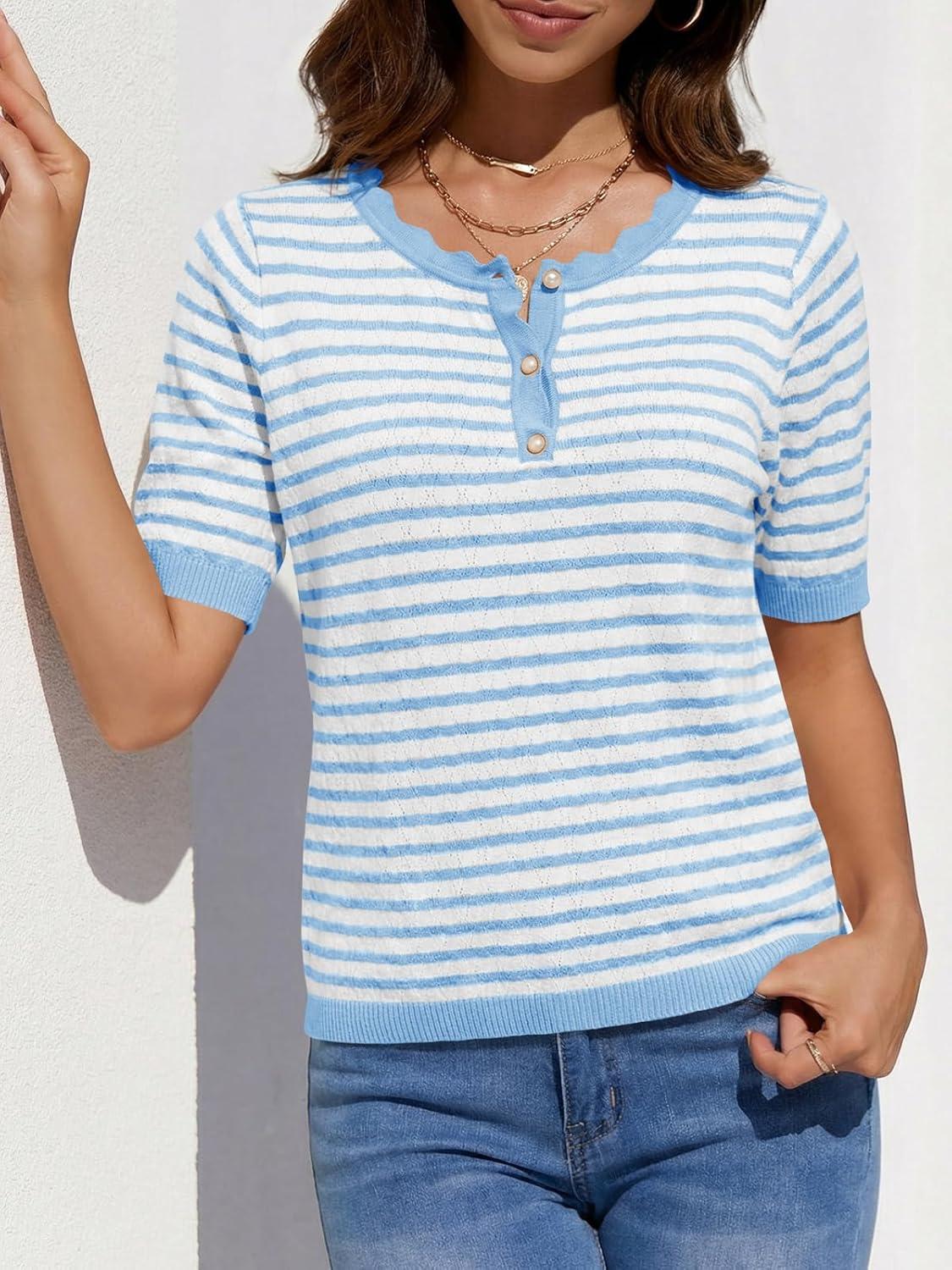 image:imageSaodimallsu Womens Short Sleeve Sweaters Striped Knit Summer Tops Casual Lightweight Pullover Henley Shirts Dressy TopsSky Blue