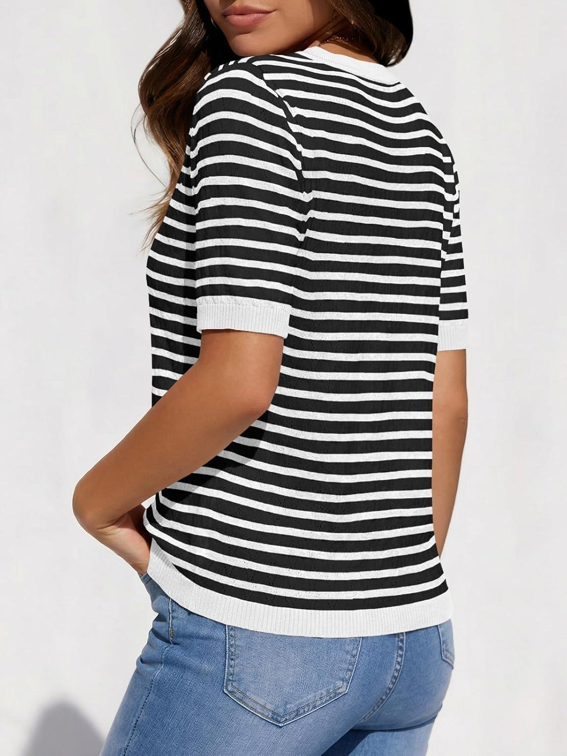 image:imageSaodimallsu Womens Short Sleeve Sweaters Striped Knit Summer Tops Casual Lightweight Pullover Henley Shirts Dressy TopsWhite