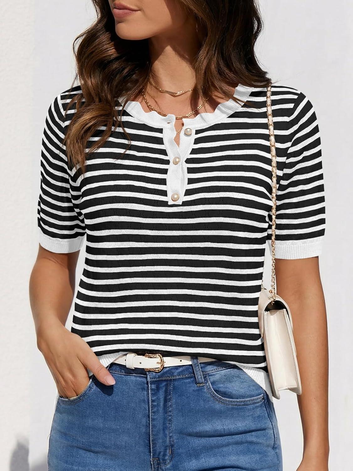 image:imageSaodimallsu Womens Short Sleeve Sweaters Striped Knit Summer Tops Casual Lightweight Pullover Henley Shirts Dressy TopsWhite