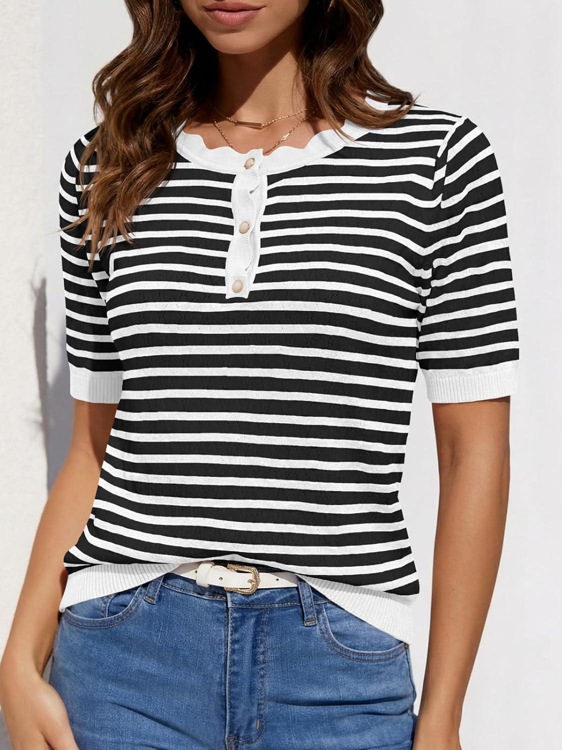 image:imageSaodimallsu Womens Short Sleeve Sweaters Striped Knit Summer Tops Casual Lightweight Pullover Henley Shirts Dressy TopsWhite