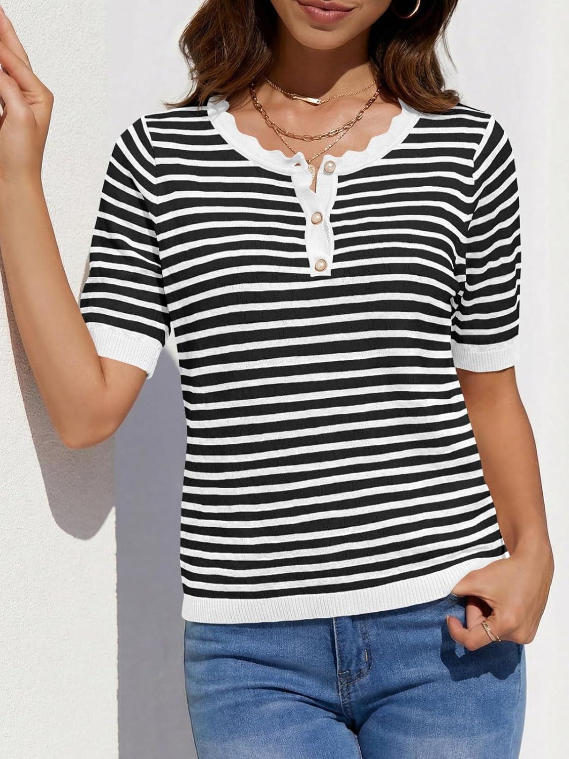image:imageSaodimallsu Womens Short Sleeve Sweaters Striped Knit Summer Tops Casual Lightweight Pullover Henley Shirts Dressy TopsWhite
