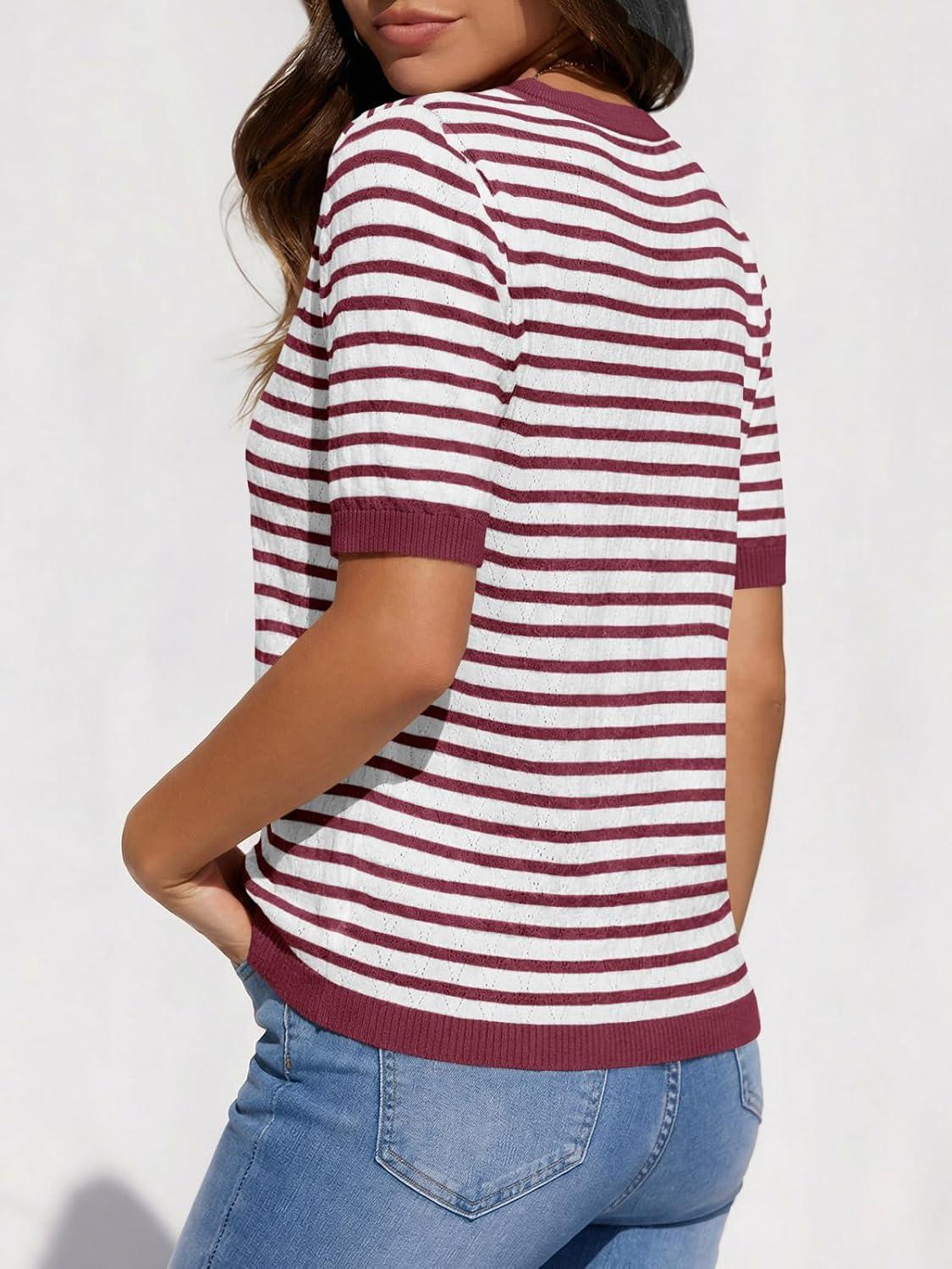 image:imageSaodimallsu Womens Short Sleeve Sweaters Striped Knit Summer Tops Casual Lightweight Pullover Henley Shirts Dressy TopsWine Red