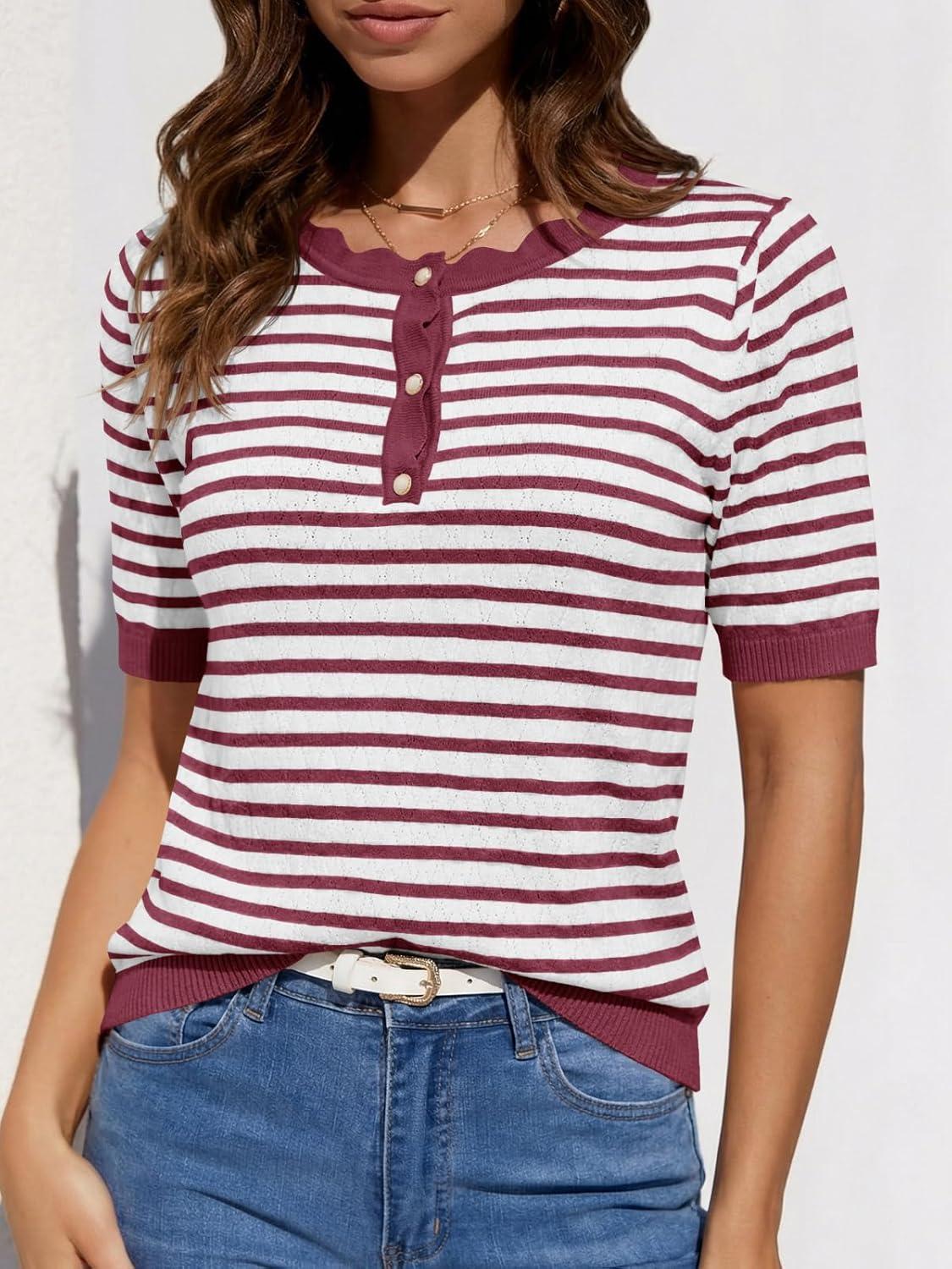 image:imageSaodimallsu Womens Short Sleeve Sweaters Striped Knit Summer Tops Casual Lightweight Pullover Henley Shirts Dressy TopsWine Red