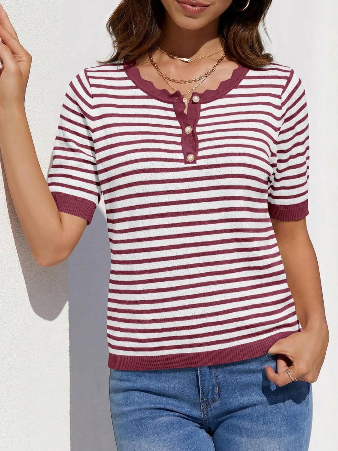 image:imageSaodimallsu Womens Short Sleeve Sweaters Striped Knit Summer Tops Casual Lightweight Pullover Henley Shirts Dressy TopsWine Red