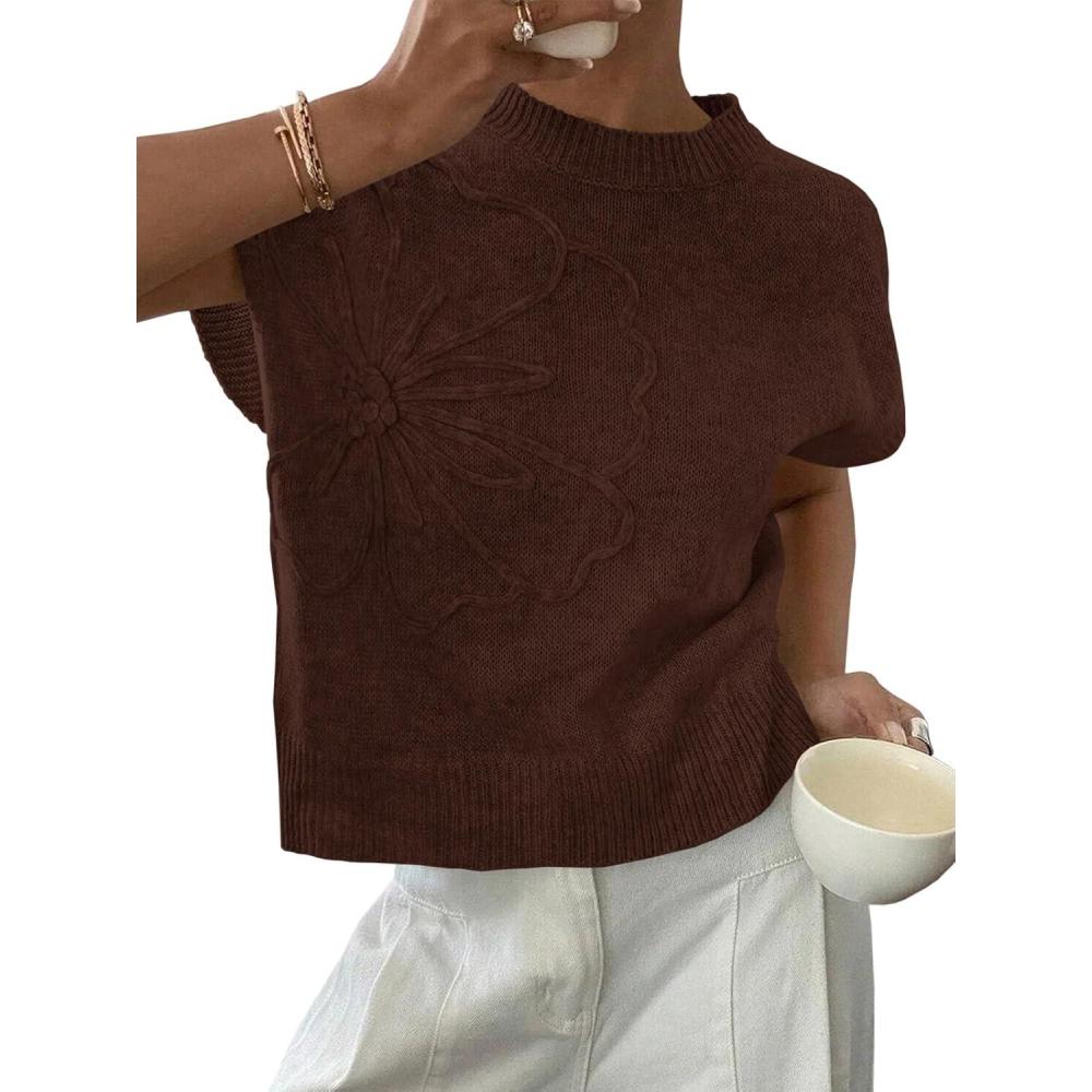 image:imageSaodimallsu Womens Short Sleeve Sweater Trendy Floral Pullover Sweaters Summer Casual Crewneck Lightweight Knit TopsCoffee