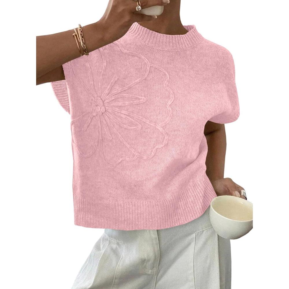 image:imageSaodimallsu Womens Short Sleeve Sweater Trendy Floral Pullover Sweaters Summer Casual Crewneck Lightweight Knit TopsPink
