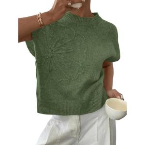 Saodimallsu Womens Short Sleeve Sweater Trendy Floral Pullover Sweaters Summer Casual Crewneck Lightweight Knit Tops(Army Green)