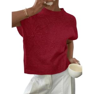 Saodimallsu Womens Short Sleeve Sweater Trendy Floral Pullover Sweaters Summer Casual Crewneck Lightweight Knit Tops(Burgundy)