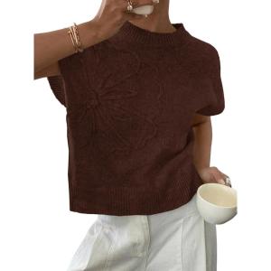 Saodimallsu Womens Short Sleeve Sweater Trendy Floral Pullover Sweaters Summer Casual Crewneck Lightweight Knit Tops(Coffee)