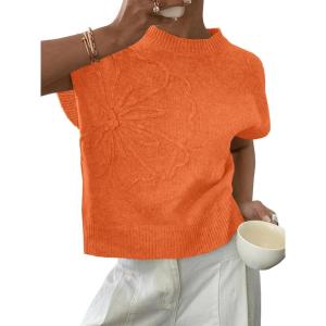 Saodimallsu Womens Short Sleeve Sweater Trendy Floral Pullover Sweaters Summer Casual Crewneck Lightweight Knit Tops(Orange)