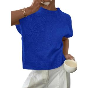 Saodimallsu Womens Short Sleeve Sweater Trendy Floral Pullover Sweaters Summer Casual Crewneck Lightweight Knit Tops(Royal Blue)