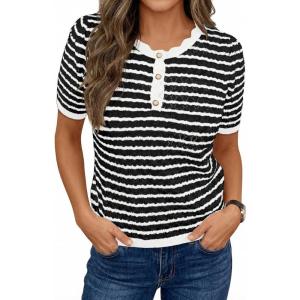 Saodimallsu Womens Short Sleeve Sweaters Striped Knit Summer Tops Casual Lightweight Pullover Henley Shirts Dressy Tops(White)