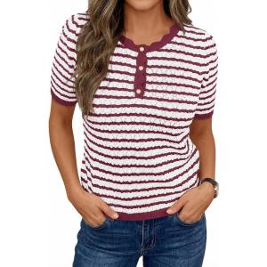 Saodimallsu Womens Short Sleeve Sweaters Striped Knit Summer Tops Casual Lightweight Pullover Henley Shirts Dressy Tops(Wine Red)