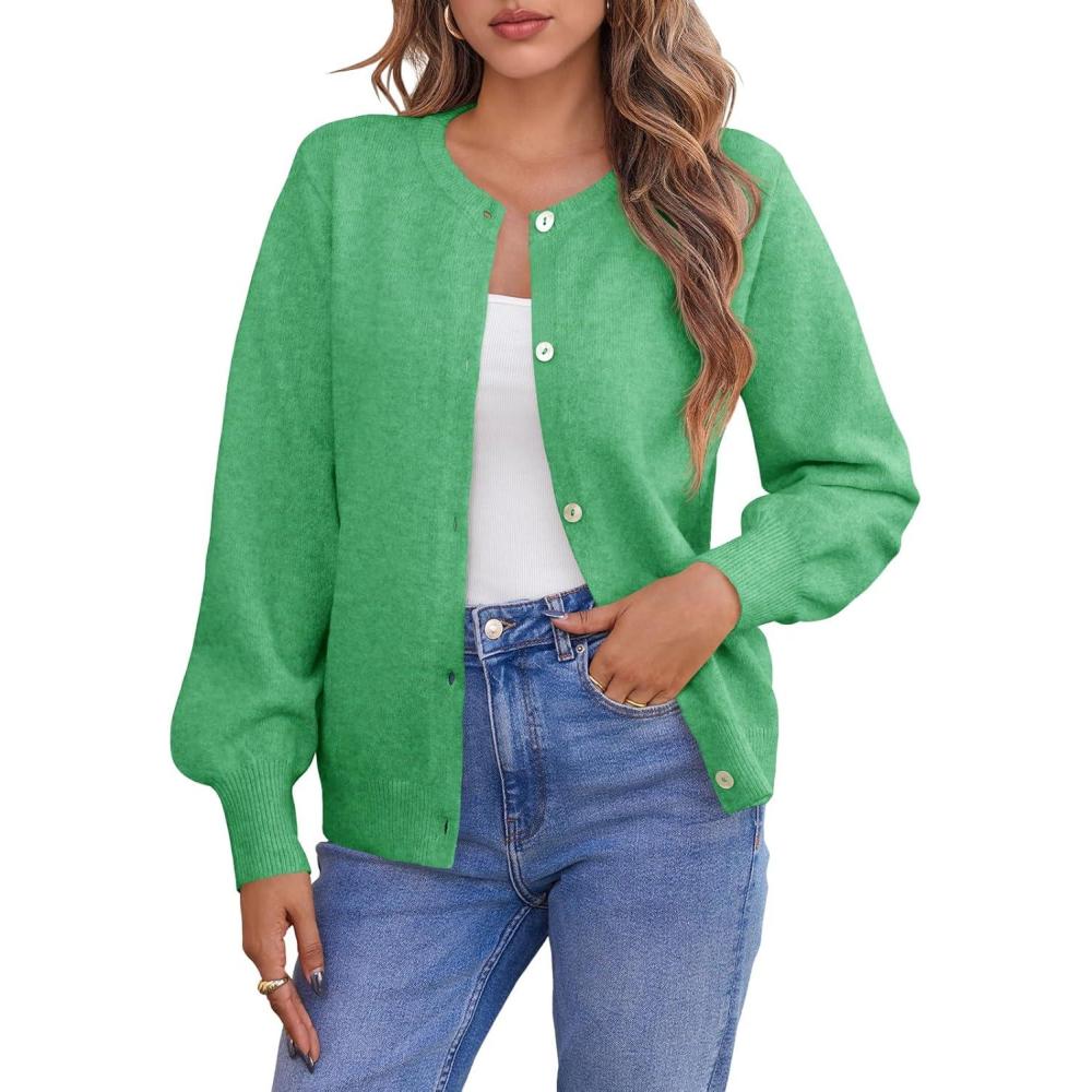 image:imageSaodimallsu Womens Button Down Cardigan Sweaters Crew Neck Long Sleeve Open Front Loose Fall Soft Knit Sweater CoatsGreen