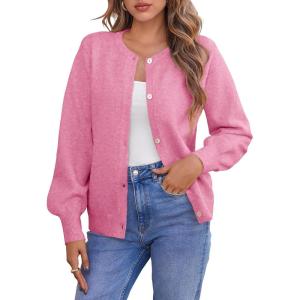 Saodimallsu Womens Button Down Cardigan Sweaters Crew Neck Long Sleeve Open Front Loose Fall Soft Knit Sweater Coats(Rose Red)
