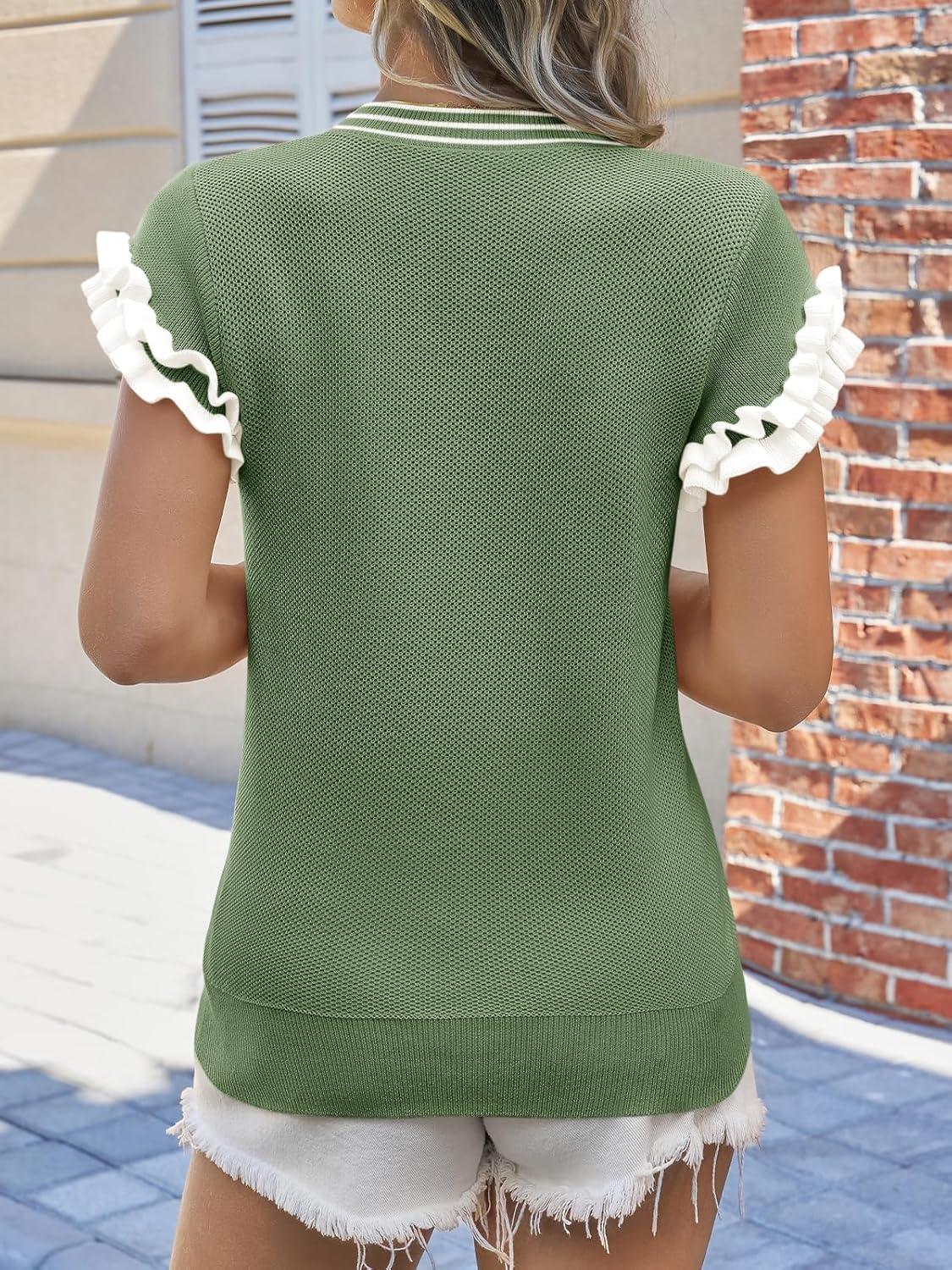 image:imageSaodimallsu Womens Ruffle Short Sleeve Sweaters Casual Crew Neck Color Block Loose Knit Summer Trendy Pullover TopsArmy Green