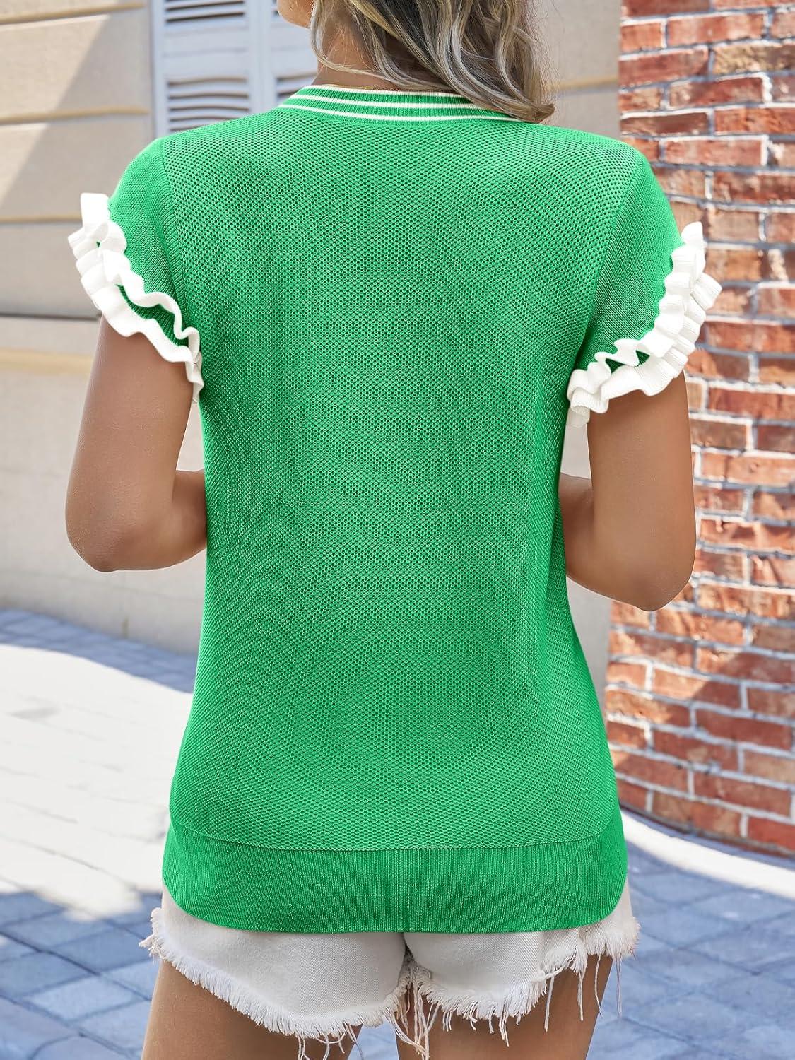 image:imageSaodimallsu Womens Ruffle Short Sleeve Sweaters Casual Crew Neck Color Block Loose Knit Summer Trendy Pullover TopsGreen