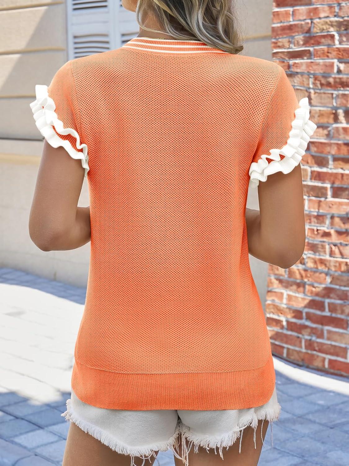 image:imageSaodimallsu Womens Ruffle Short Sleeve Sweaters Casual Crew Neck Color Block Loose Knit Summer Trendy Pullover TopsOrange