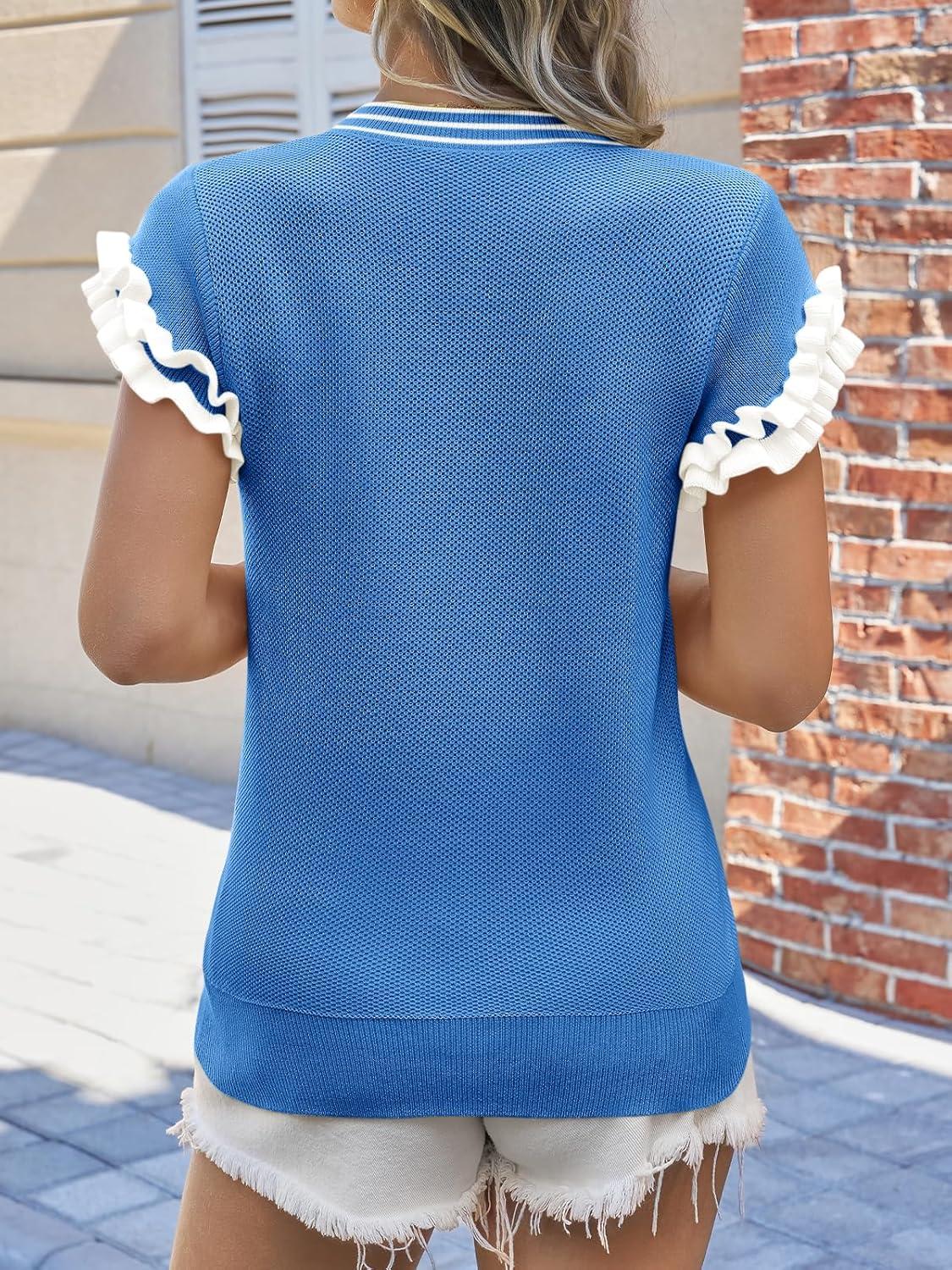image:imageSaodimallsu Womens Ruffle Short Sleeve Sweaters Casual Crew Neck Color Block Loose Knit Summer Trendy Pullover TopsRoyal Blue