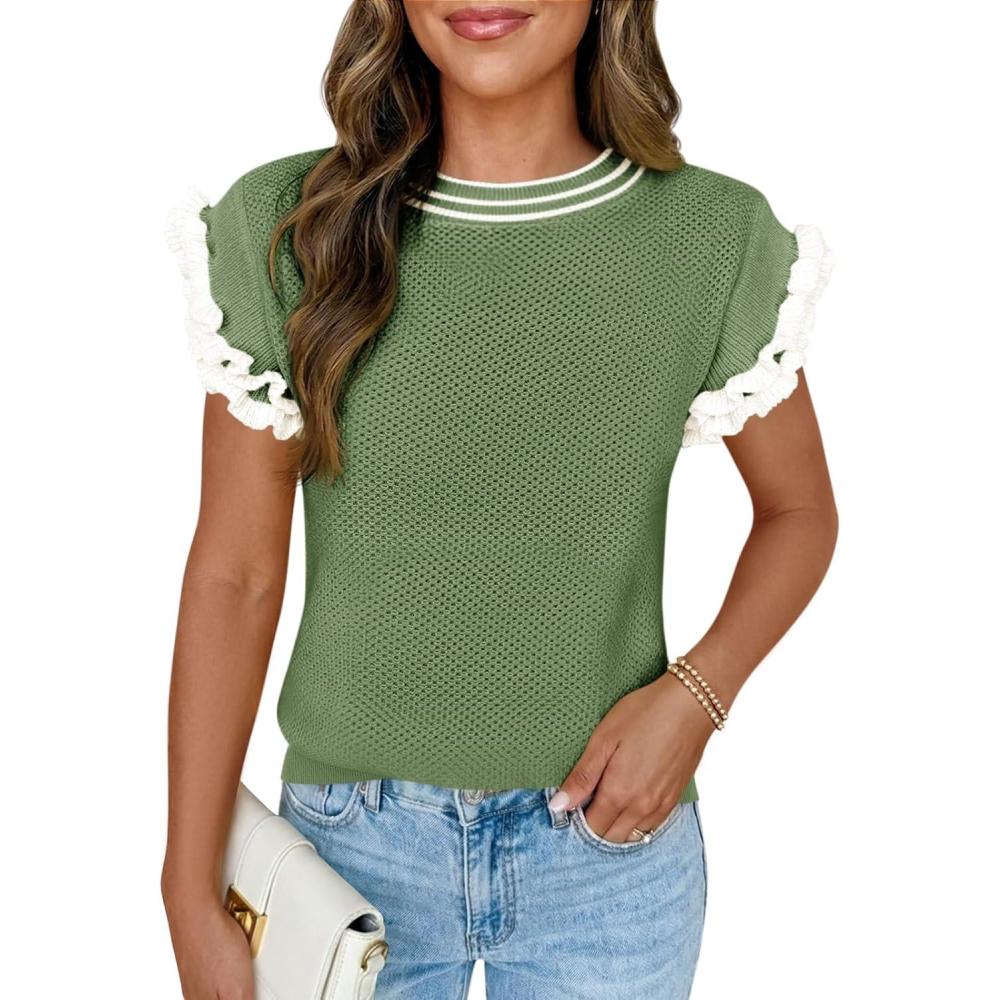 image:imageSaodimallsu Womens Ruffle Short Sleeve Sweaters Casual Crew Neck Color Block Loose Knit Summer Trendy Pullover TopsArmy Green