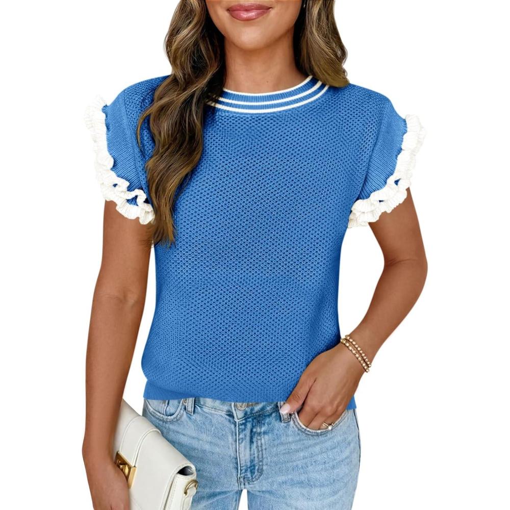 image:imageSaodimallsu Womens Ruffle Short Sleeve Sweaters Casual Crew Neck Color Block Loose Knit Summer Trendy Pullover TopsRoyal Blue
