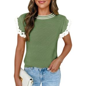 Saodimallsu Womens Ruffle Short Sleeve Sweaters Casual Crew Neck Color Block Loose Knit Summer Trendy Pullover Tops(Army Green)