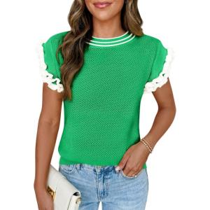 Saodimallsu Womens Ruffle Short Sleeve Sweaters Casual Crew Neck Color Block Loose Knit Summer Trendy Pullover Tops(Green)