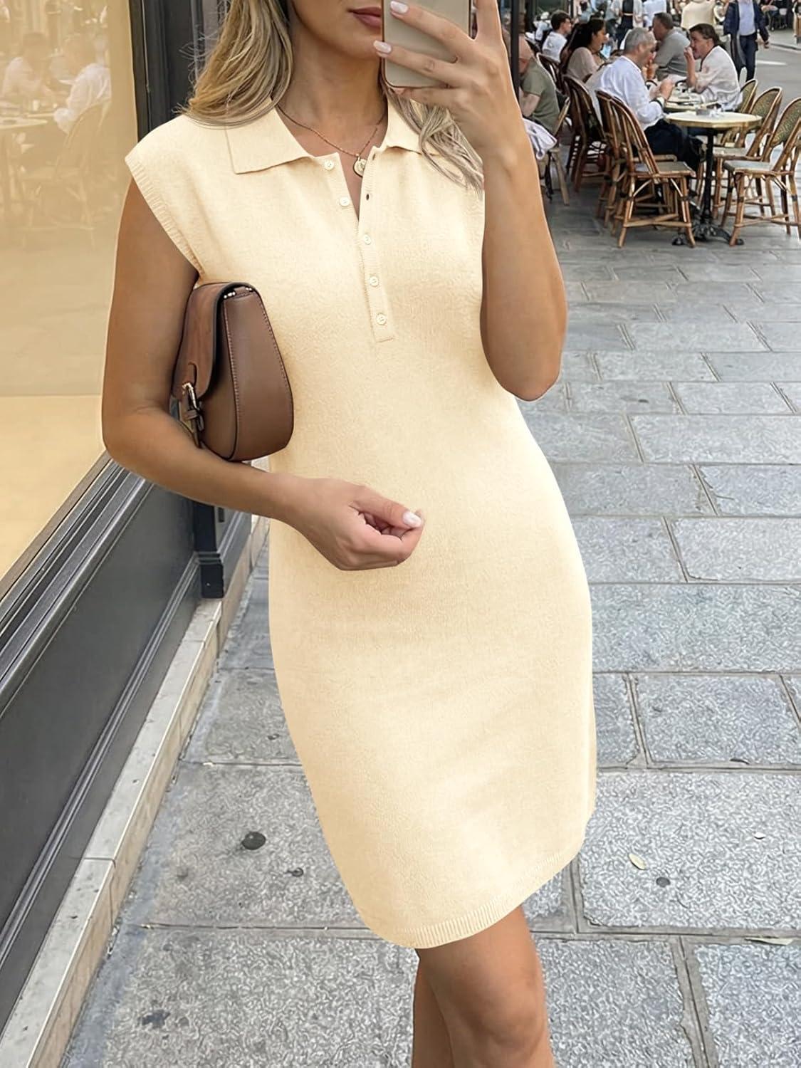 image:imageSaodimallsu Womens Casual Summer Dresses Sleeveless Polo Collared Button V Neck Knit Mini Sweater DressBeige