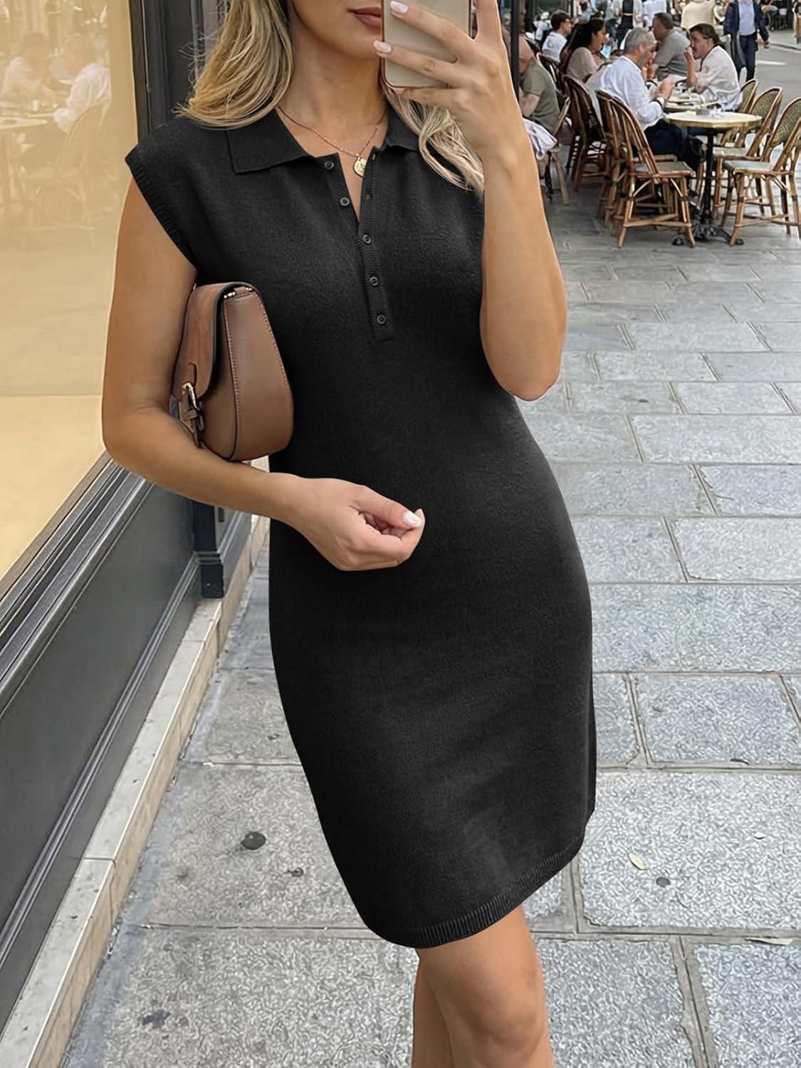 image:imageSaodimallsu Womens Casual Summer Dresses Sleeveless Polo Collared Button V Neck Knit Mini Sweater DressBlack