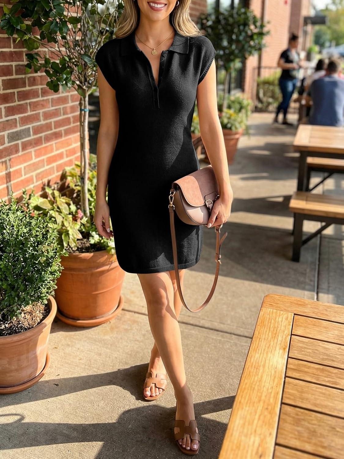 image:imageSaodimallsu Womens Casual Summer Dresses Sleeveless Polo Collared Button V Neck Knit Mini Sweater DressBlack