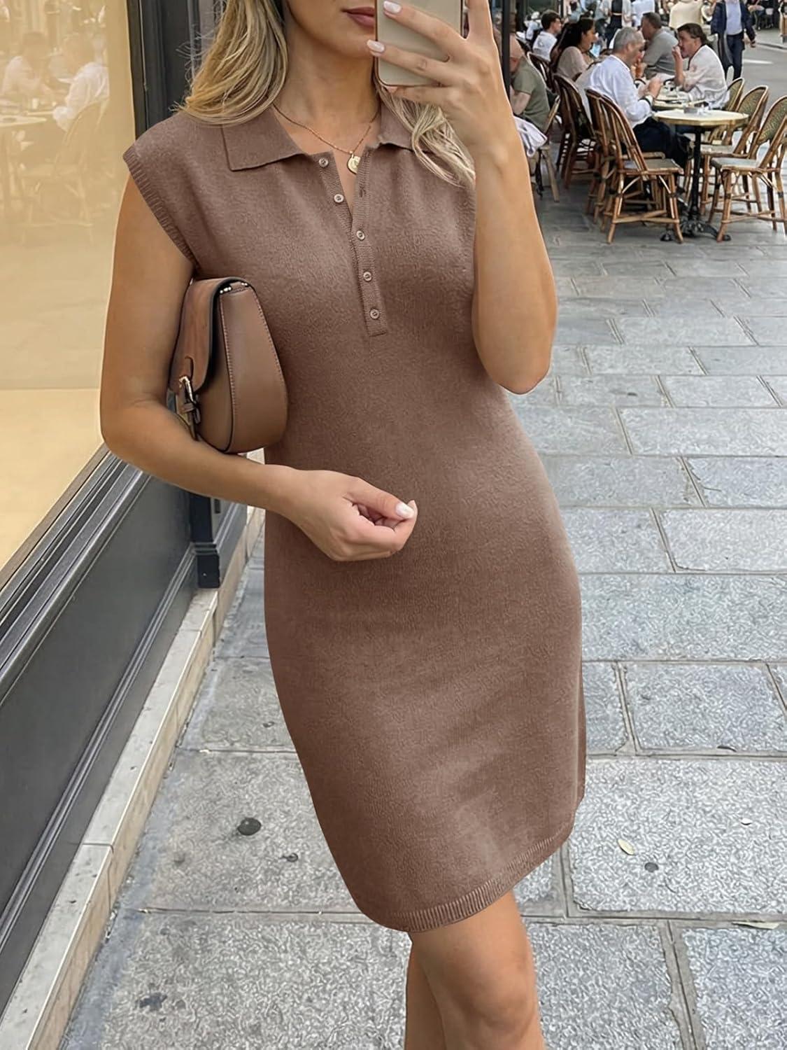 image:imageSaodimallsu Womens Casual Summer Dresses Sleeveless Polo Collared Button V Neck Knit Mini Sweater DressCoffee