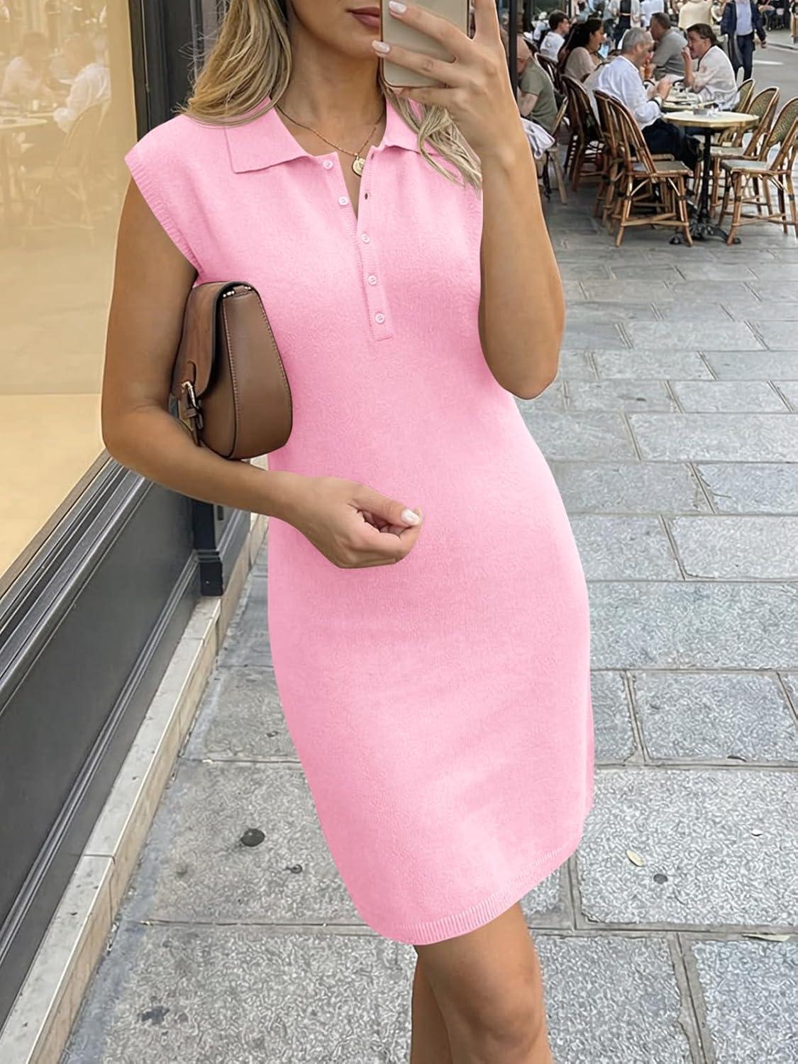 image:imageSaodimallsu Womens Casual Summer Dresses Sleeveless Polo Collared Button V Neck Knit Mini Sweater DressPink