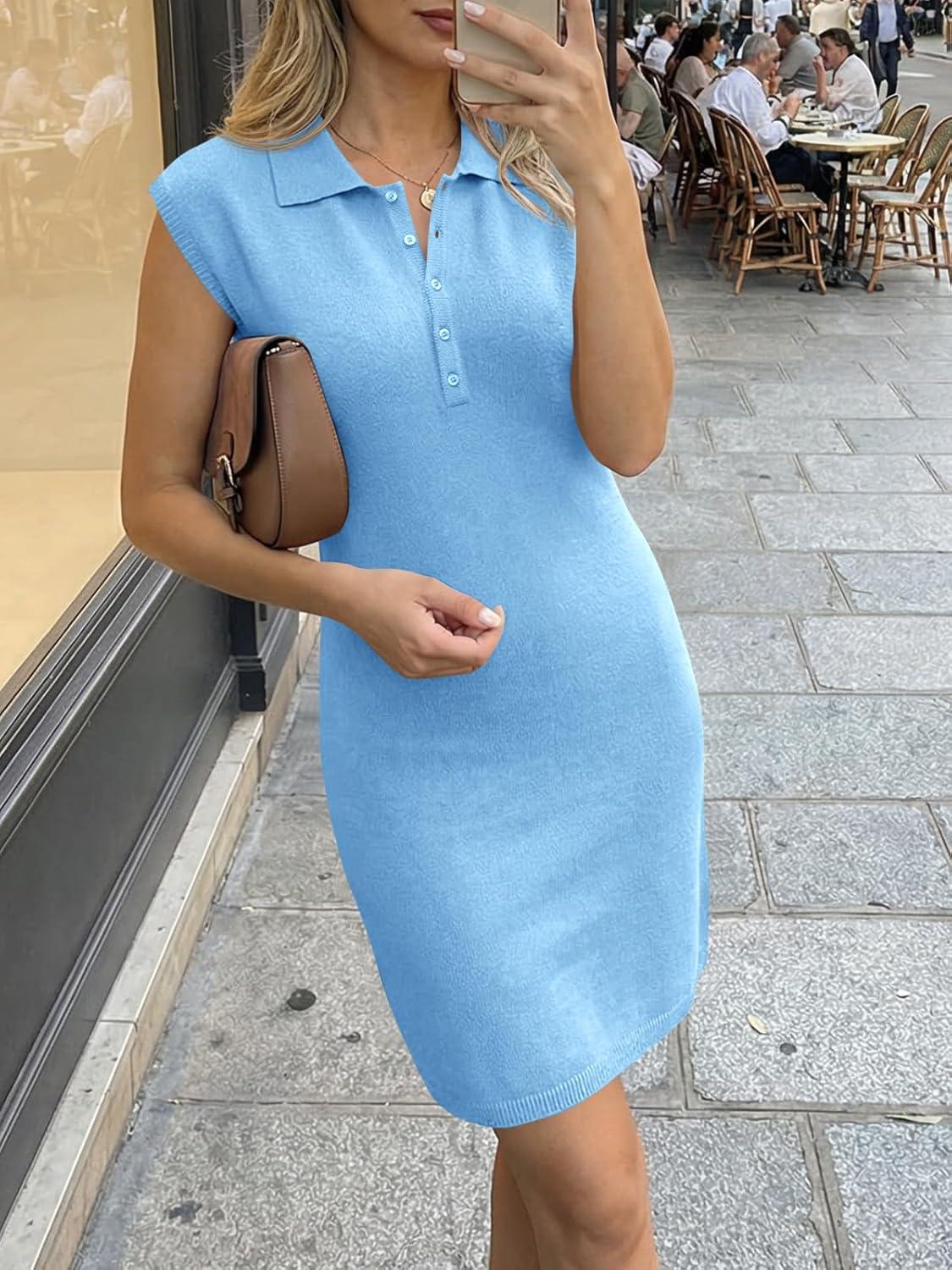 image:imageSaodimallsu Womens Casual Summer Dresses Sleeveless Polo Collared Button V Neck Knit Mini Sweater DressSky Blue