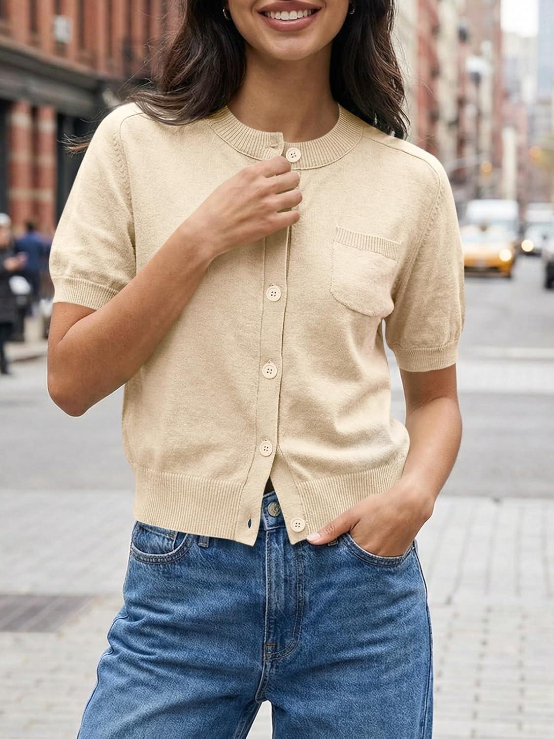 image:imageSaodimallsu Womens Puff Short Sleeve Cardigans Crew Neck Button Down Lightweight Casual Summer Knit Sweater TopsApricot