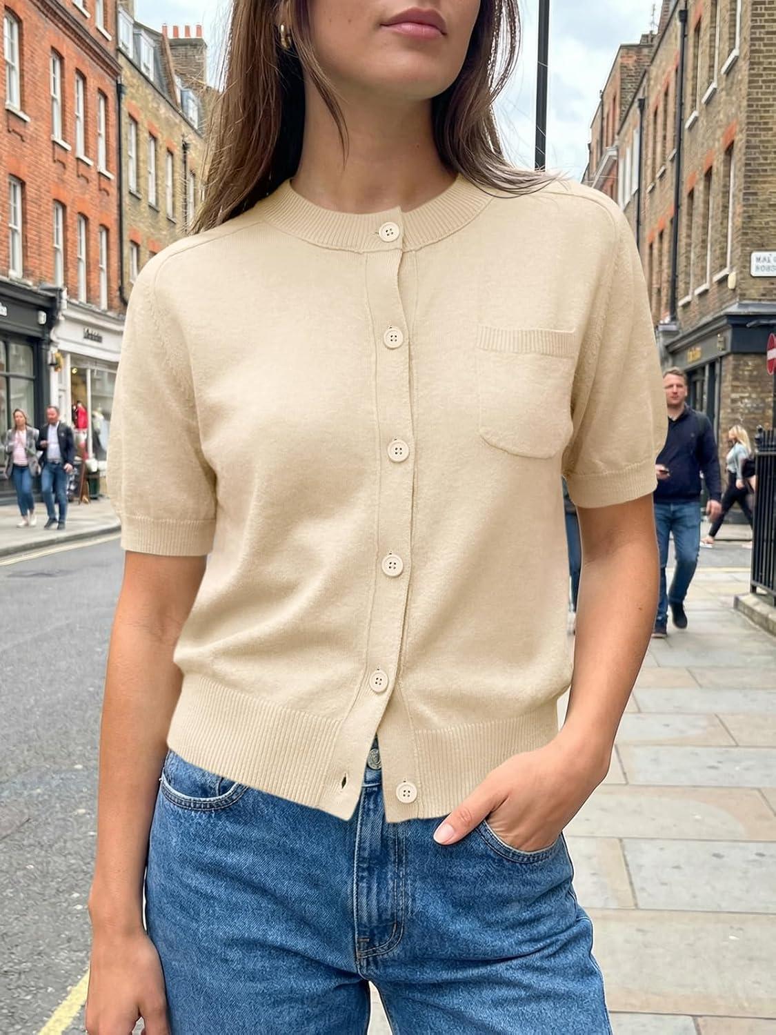 image:imageSaodimallsu Womens Puff Short Sleeve Cardigans Crew Neck Button Down Lightweight Casual Summer Knit Sweater TopsApricot
