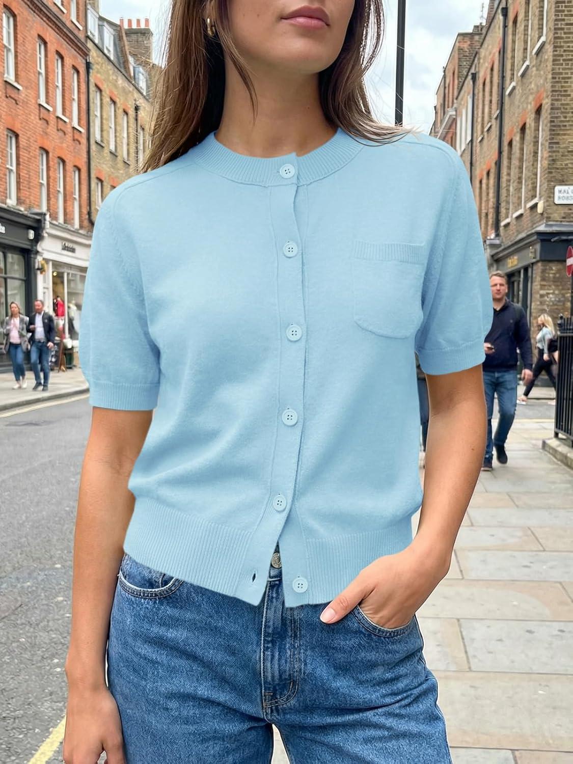 image:imageSaodimallsu Womens Puff Short Sleeve Cardigans Crew Neck Button Down Lightweight Casual Summer Knit Sweater TopsLight Blue