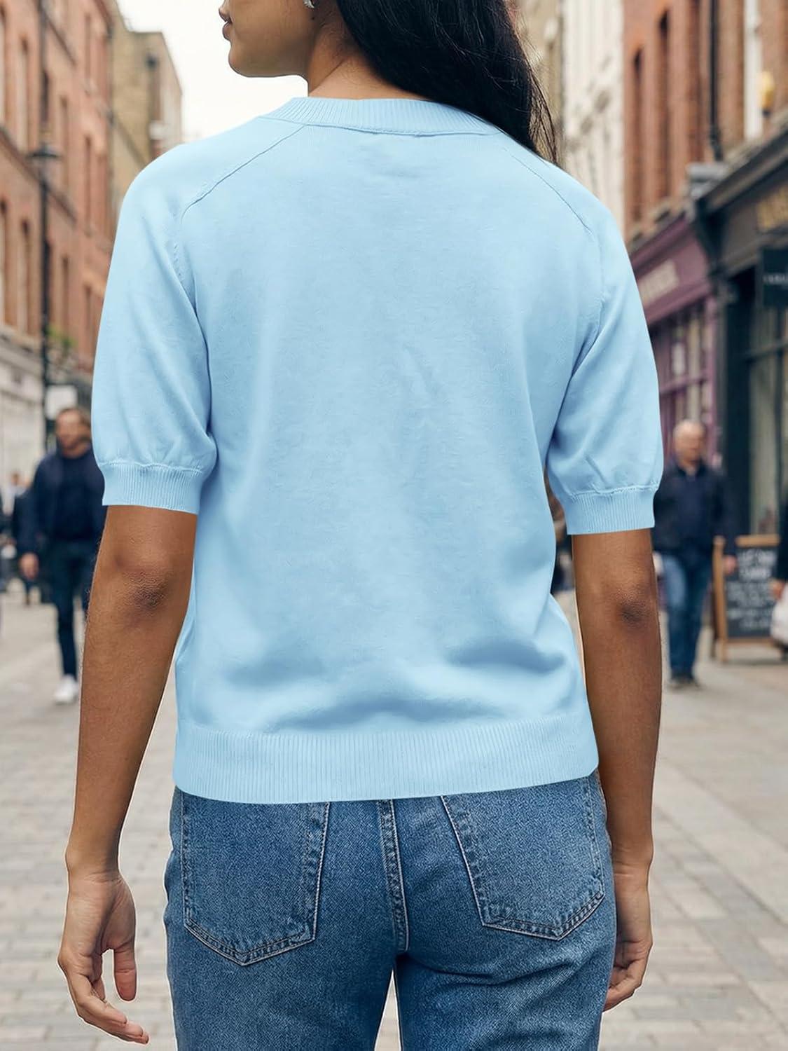 image:imageSaodimallsu Womens Puff Short Sleeve Cardigans Crew Neck Button Down Lightweight Casual Summer Knit Sweater TopsLight Blue
