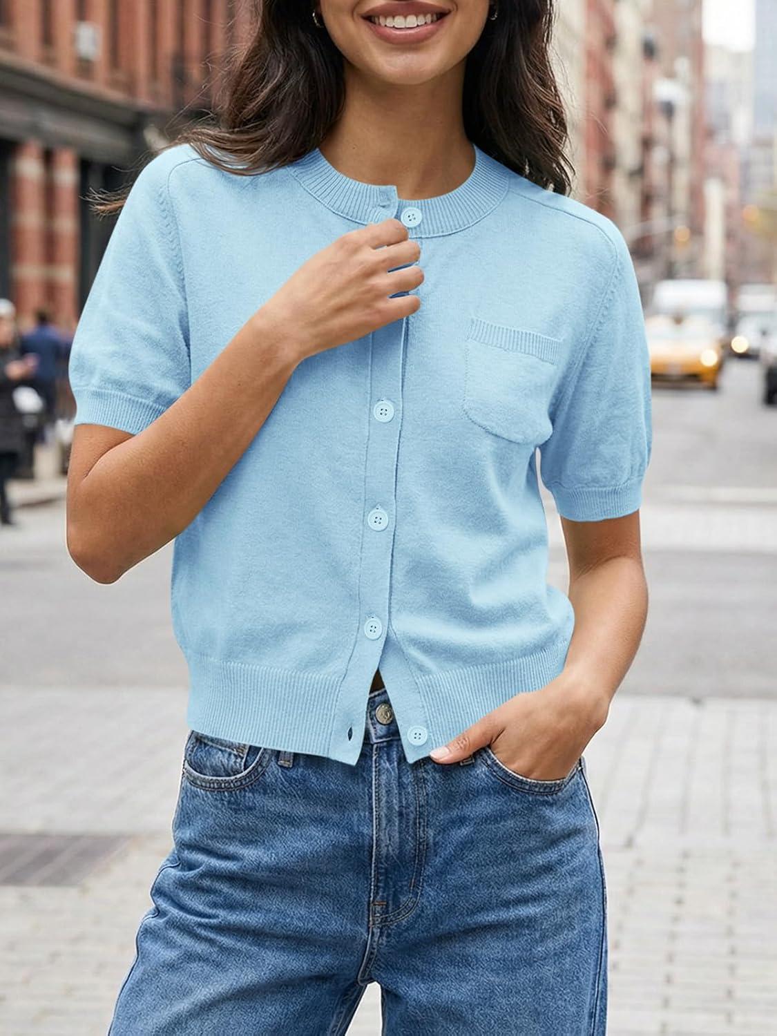 image:imageSaodimallsu Womens Puff Short Sleeve Cardigans Crew Neck Button Down Lightweight Casual Summer Knit Sweater TopsLight Blue