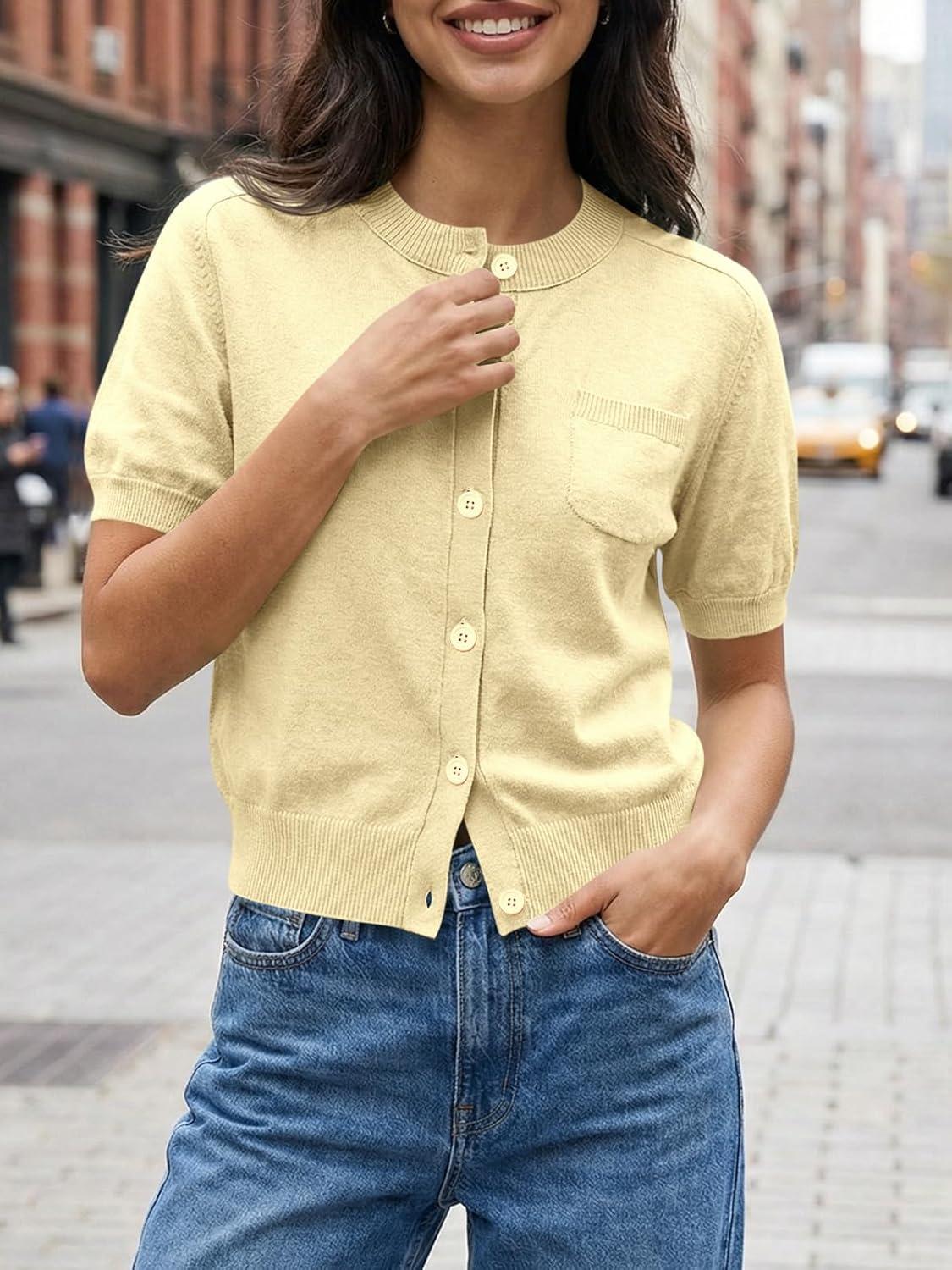 image:imageSaodimallsu Womens Puff Short Sleeve Cardigans Crew Neck Button Down Lightweight Casual Summer Knit Sweater TopsYellow