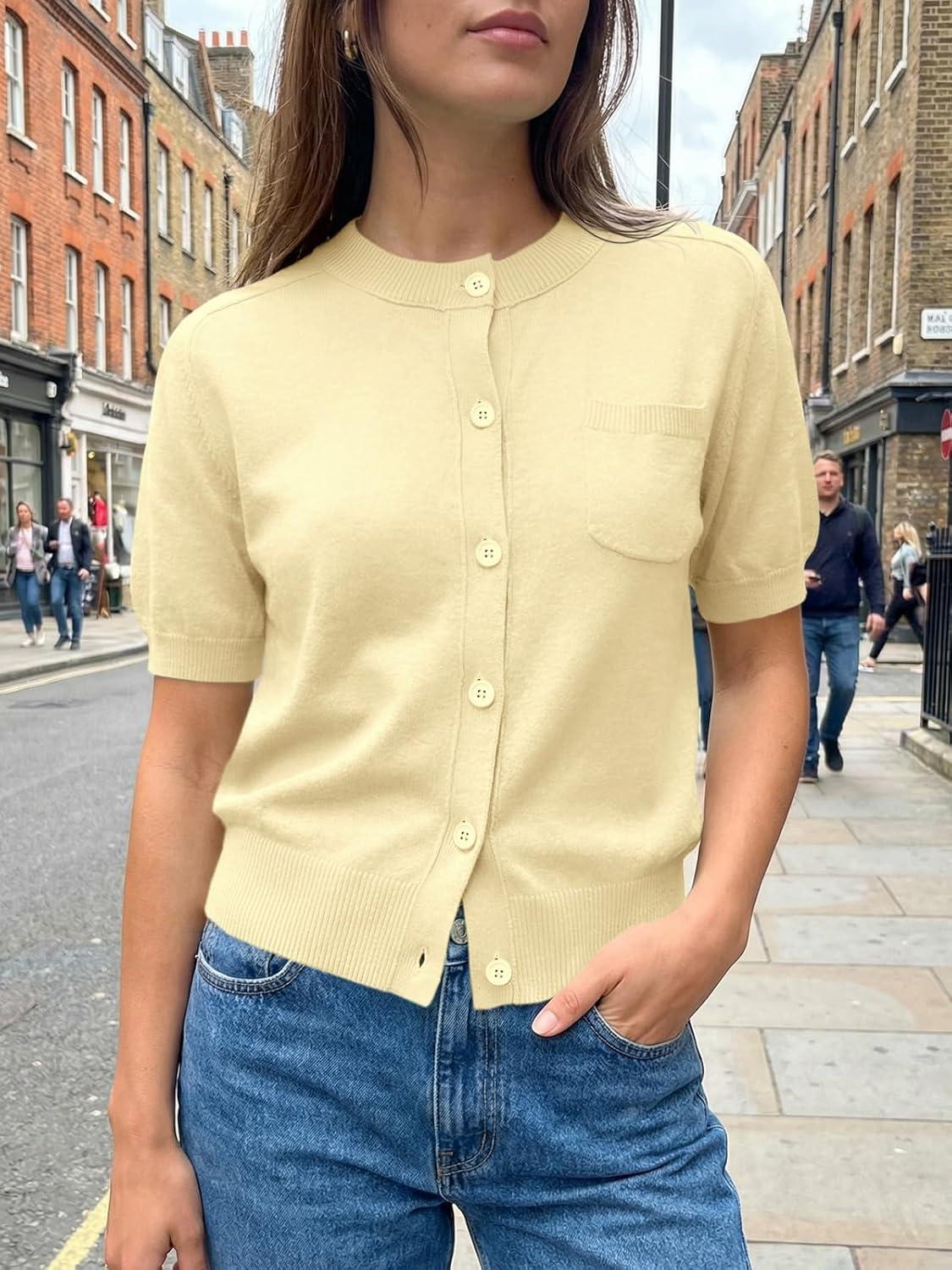 image:imageSaodimallsu Womens Puff Short Sleeve Cardigans Crew Neck Button Down Lightweight Casual Summer Knit Sweater TopsYellow