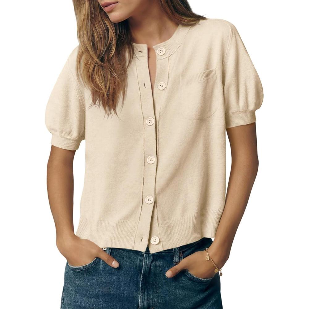 image:imageSaodimallsu Womens Puff Short Sleeve Cardigans Crew Neck Button Down Lightweight Casual Summer Knit Sweater TopsApricot