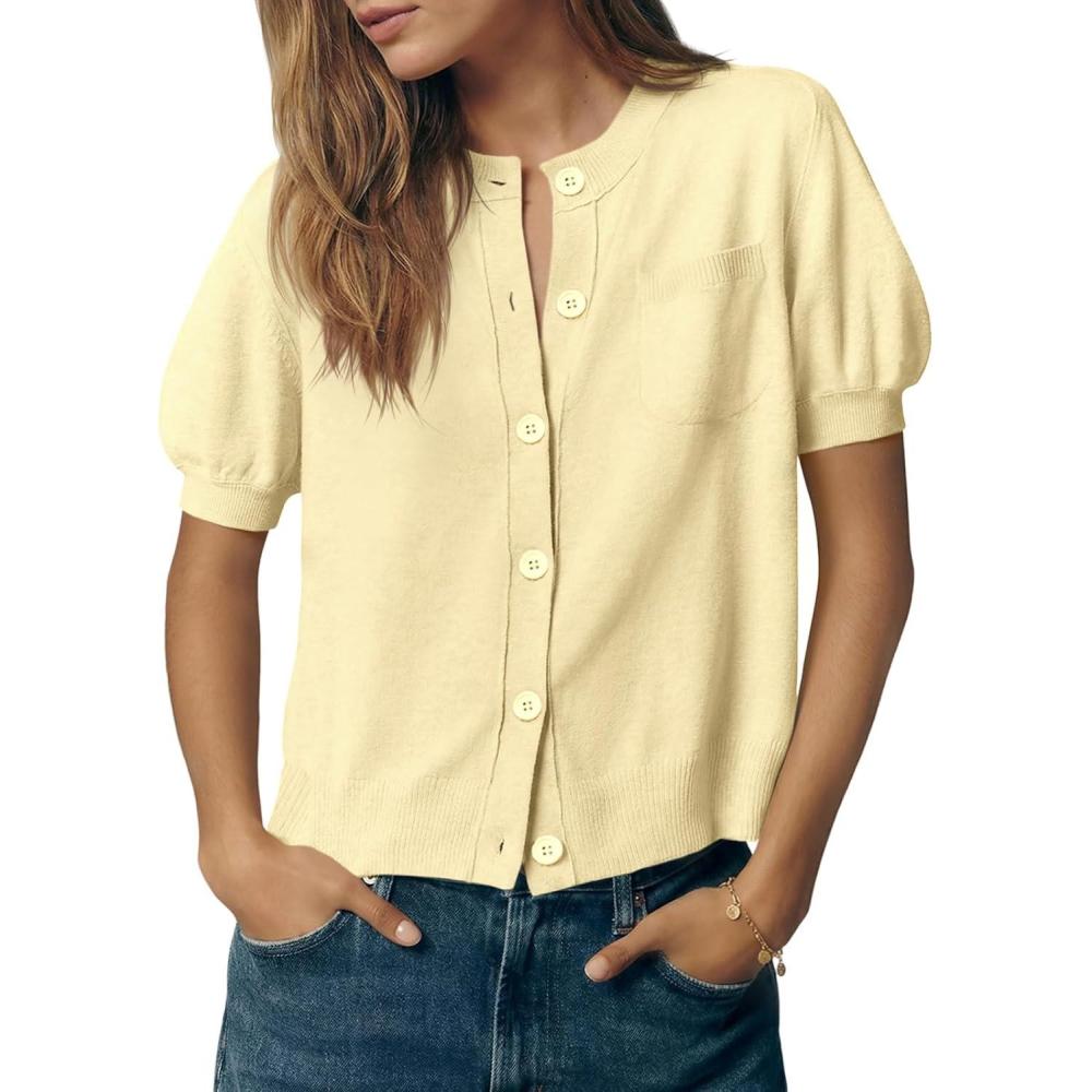 image:imageSaodimallsu Womens Puff Short Sleeve Cardigans Crew Neck Button Down Lightweight Casual Summer Knit Sweater TopsYellow