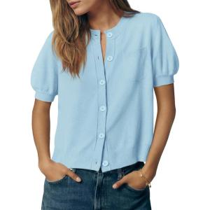Saodimallsu Womens Puff Short Sleeve Cardigans Crew Neck Button Down Lightweight Casual Summer Knit Sweater Tops(Light Blue)
