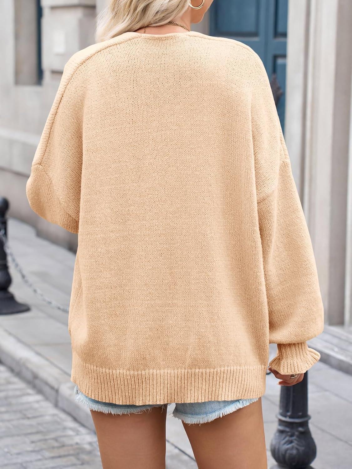image:imageSaodimallsu Womens Oversized Open Front Cardigan Fall Ruffle Lantern Long Sleeve Chunky Knit Loose Sweater CoatsApricot