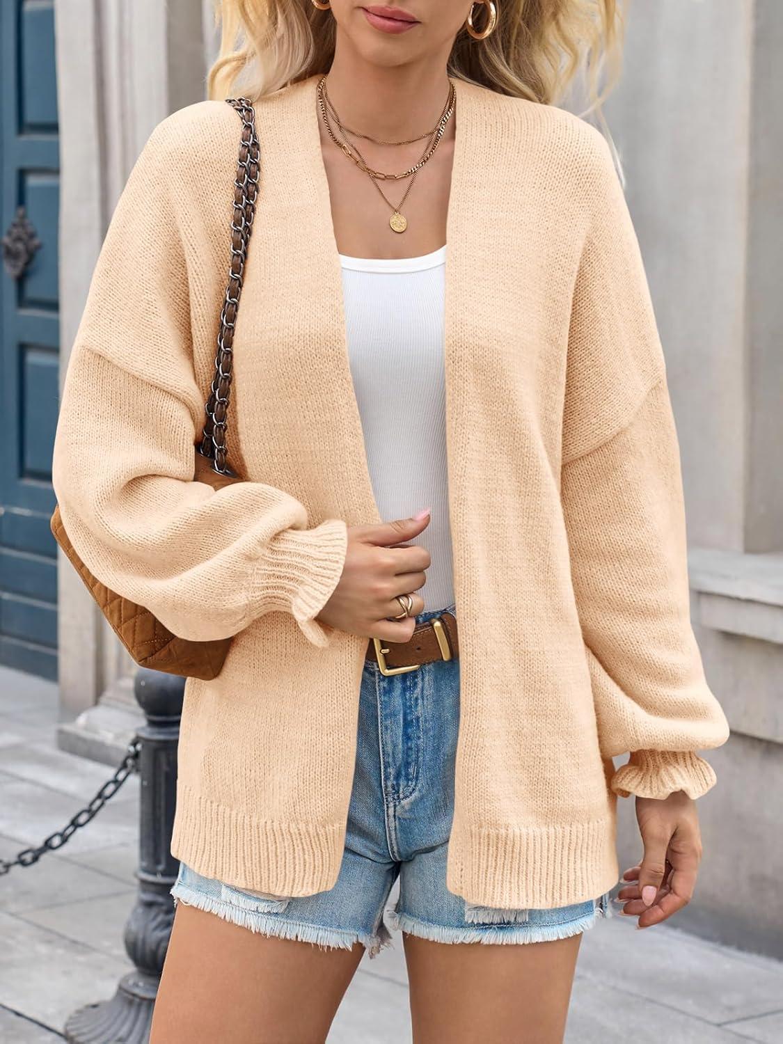 image:imageSaodimallsu Womens Oversized Open Front Cardigan Fall Ruffle Lantern Long Sleeve Chunky Knit Loose Sweater CoatsApricot